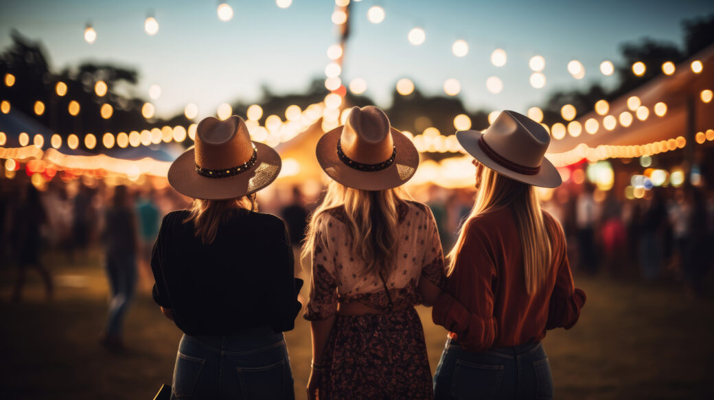 Women in country clothes on music festival. Blurred background with bulb lights....
